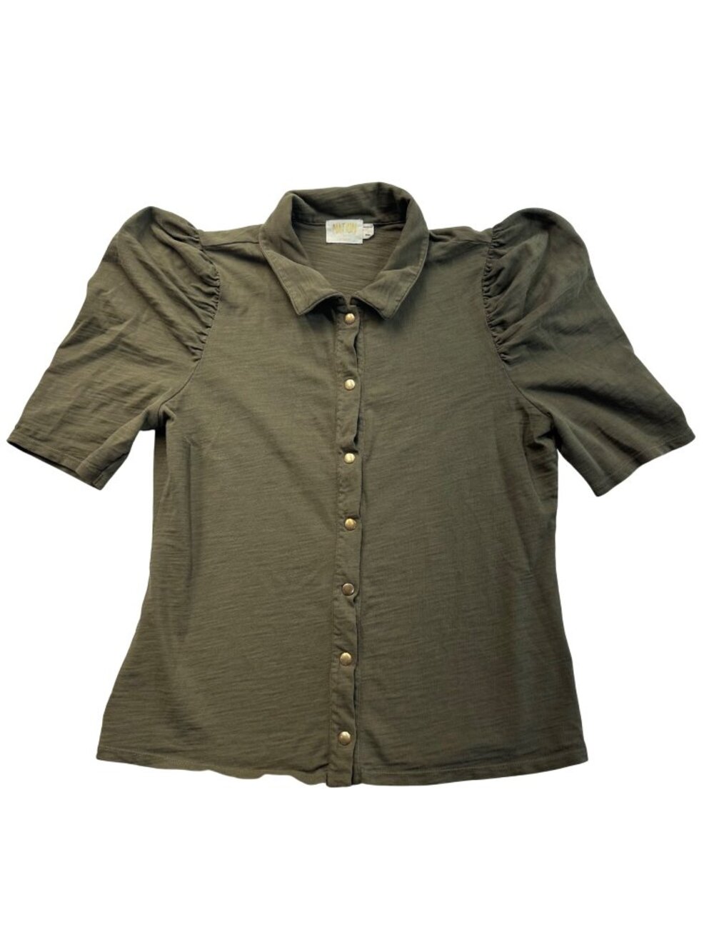 Nation LTD Cotton Puff Sleeve Button Up Blouse Top Size L Olive Green Capsule